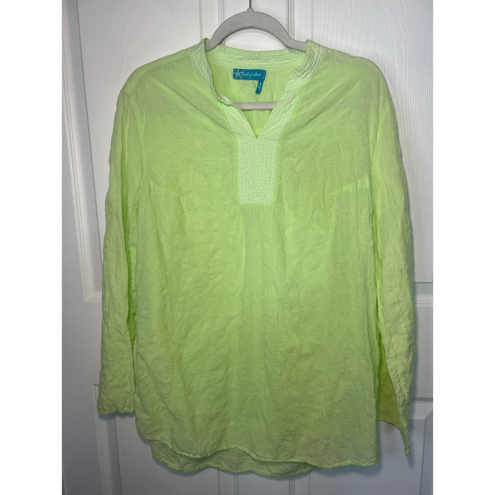 Fresh Produce Lime Green‎ Textured Tunic Top Long Sleeve V Neck Women's L